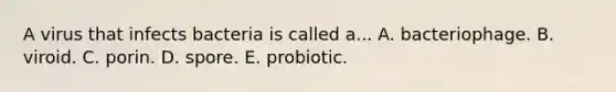 A virus that infects bacteria is called a... A. bacteriophage. B. viroid. C. porin. D. spore. E. probiotic.