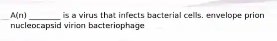 A(n) ________ is a virus that infects bacterial cells. envelope prion nucleocapsid virion bacteriophage