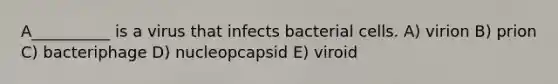 A__________ is a virus that infects bacterial cells. A) virion B) prion C) bacteriphage D) nucleopcapsid E) viroid