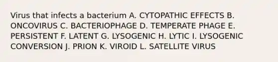 Virus that infects a bacterium A. CYTOPATHIC EFFECTS B. ONCOVIRUS C. BACTERIOPHAGE D. TEMPERATE PHAGE E. PERSISTENT F. LATENT G. LYSOGENIC H. LYTIC I. LYSOGENIC CONVERSION J. PRION K. VIROID L. SATELLITE VIRUS