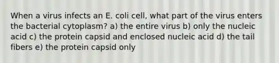 When a virus infects an E. coli cell, what part of the virus enters the bacterial cytoplasm? a) the entire virus b) only the nucleic acid c) the protein capsid and enclosed nucleic acid d) the tail fibers e) the protein capsid only