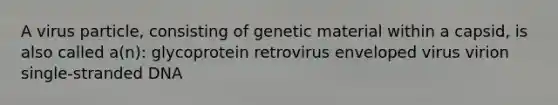 A virus particle, consisting of genetic material within a capsid, is also called a(n): glycoprotein retrovirus enveloped virus virion single-stranded DNA