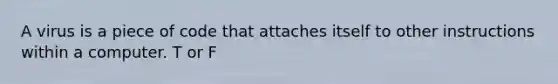 A virus is a piece of code that attaches itself to other instructions within a computer. T or F