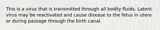 This is a virus that is transmitted through all bodily fluids. Latent virus may be reactivated and cause disease to the fetus in utero or during passage through the birth canal.