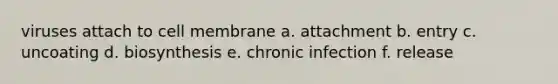 viruses attach to cell membrane a. attachment b. entry c. uncoating d. biosynthesis e. chronic infection f. release