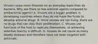 Viruses cause more illnesses on an everyday basis than do bacteria. Why are there so few antiviral agents compared to antibacterial agents? A. Viruses are a bigger problem in developing countries where they do not have the funds to develop antiviral drugs. B. Since viruses are not living, there are no drugs that can stop their proliferation. C. Viruses use functions of the host to replicate themselves, so achieving selective toxicity is difficult. D. Viruses do not cause as many deadly diseases and therefore have not been targeted with antivirals.