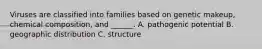 Viruses are classified into families based on genetic makeup, chemical composition, and ______. A. pathogenic potential B. geographic distribution C. structure