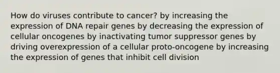 How do viruses contribute to cancer? by increasing the expression of DNA repair genes by decreasing the expression of cellular oncogenes by inactivating tumor suppressor genes by driving overexpression of a cellular proto‑oncogene by increasing the expression of genes that inhibit cell division