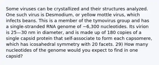 Some viruses can be crystallized and their structures analyzed. One such virus is Desmodium, or yellow mottle virus, which infects beans. This is a member of the tymovirus group and has a single-stranded RNA genome of ~6,300 nucleotides. Its virion is 25—30 nm in diameter, and is made up of 180 copies of a single capsid protein that self-associate to form each capsomere, which has icosahedral symmetry with 20 facets. 29) How many nucleotides of the genome would you expect to find in one capsid?