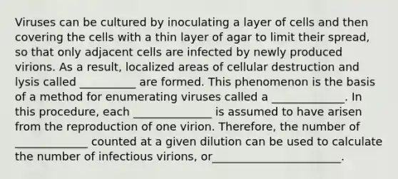 Viruses can be cultured by inoculating a layer of cells and then covering the cells with a thin layer of agar to limit their spread, so that only adjacent cells are infected by newly produced virions. As a result, localized areas of cellular destruction and lysis called __________ are formed. This phenomenon is the basis of a method for enumerating viruses called a _____________. In this procedure, each ______________ is assumed to have arisen from the reproduction of one virion. Therefore, the number of _____________ counted at a given dilution can be used to calculate the number of infectious virions, or_______________________.