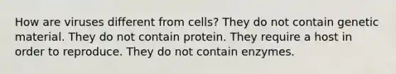 How are viruses different from cells? They do not contain genetic material. They do not contain protein. They require a host in order to reproduce. They do not contain enzymes.