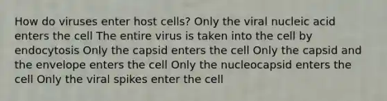 How do viruses enter host cells? Only the viral nucleic acid enters the cell The entire virus is taken into the cell by endocytosis Only the capsid enters the cell Only the capsid and the envelope enters the cell Only the nucleocapsid enters the cell Only the viral spikes enter the cell