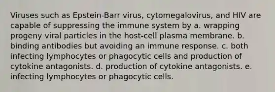 Viruses such as Epstein-Barr virus, cytomegalovirus, and HIV are capable of suppressing the immune system by a. wrapping progeny viral particles in the host-cell plasma membrane. b. binding antibodies but avoiding an immune response. c. both infecting lymphocytes or phagocytic cells and production of cytokine antagonists. d. production of cytokine antagonists. e. infecting lymphocytes or phagocytic cells.