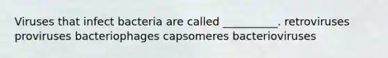 Viruses that infect bacteria are called __________. retroviruses proviruses bacteriophages capsomeres bacterioviruses