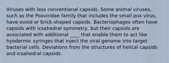 Viruses with less conventional capsids. Some animal viruses, such as the Poxviridae family that includes the small pox virus, have ovoid or brick-shaped capsids. Bacteriophages often have capsids with icsahedral symmetry, but their capsids are associated with additional ____ that enable them to act like hyodermic syringes that inject the viral genome into target bacterial cells. Deviations from the structures of helical capsids and icsahedral capsids.