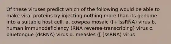 Of these viruses predict which of the following would be able to make viral proteins by injecting nothing more than its genome into a suitable host cell. a. cowpea mosaic ([+]ssRNA) virus b. human immunodeficiency (RNA reverse-transcribing) virus c. bluetongue (dsRNA) virus d. measles ([-]ssRNA) virus