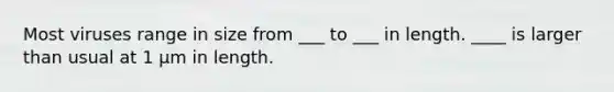 Most viruses range in size from ___ to ___ in length. ____ is larger than usual at 1 μm in length.