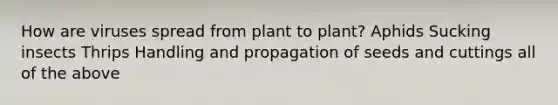 How are viruses spread from plant to plant? Aphids Sucking insects Thrips Handling and propagation of seeds and cuttings all of the above