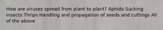 How are viruses spread from plant to plant? Aphids Sucking insects Thrips Handling and propagation of seeds and cuttings All of the above