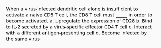 When a virus-infected dendritic cell alone is insufficient to activate a naive CD8 T cell, the CD8 T cell must _____ in order to become activated. a. Upregulate the expression of CD28 b. Bind to IL-2 secreted by a virus-specific effector CD4 T cell c. Interact with a different antigen-presenting cell d. Become infected by the same virus