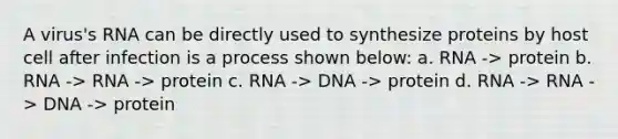 A virus's RNA can be directly used to synthesize proteins by host cell after infection is a process shown below: a. RNA -> protein b. RNA -> RNA -> protein c. RNA -> DNA -> protein d. RNA -> RNA -> DNA -> protein