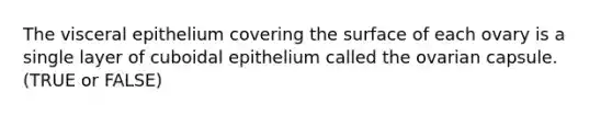 The visceral epithelium covering the surface of each ovary is a single layer of cuboidal epithelium called the ovarian capsule. (TRUE or FALSE)