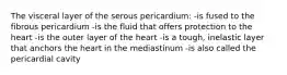 The visceral layer of the serous pericardium: -is fused to the fibrous pericardium -is the fluid that offers protection to the heart -is the outer layer of the heart -is a tough, inelastic layer that anchors the heart in the mediastinum -is also called the pericardial cavity