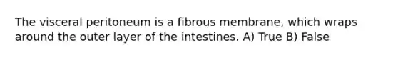 The visceral peritoneum is a fibrous membrane, which wraps around the outer layer of the intestines. A) True B) False