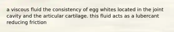 a viscous fluid the consistency of egg whites located in the joint cavity and the articular cartilage. this fluid acts as a lubercant reducing friction