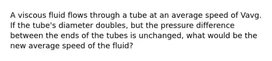 A viscous fluid flows through a tube at an average speed of Vavg. If the tube's diameter doubles, but the pressure difference between the ends of the tubes is unchanged, what would be the new average speed of the fluid?