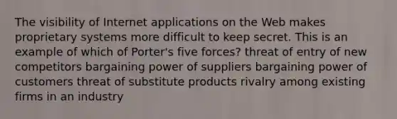 The visibility of Internet applications on the Web makes proprietary systems more difficult to keep secret. This is an example of which of Porter's five forces? threat of entry of new competitors bargaining power of suppliers bargaining power of customers threat of substitute products rivalry among existing firms in an industry