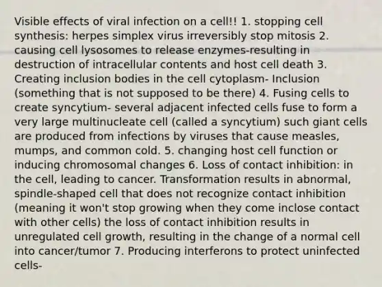 Visible effects of viral infection on a cell!! 1. stopping cell synthesis: herpes simplex virus irreversibly stop mitosis 2. causing cell lysosomes to release enzymes-resulting in destruction of intracellular contents and host cell death 3. Creating inclusion bodies in the cell cytoplasm- Inclusion (something that is not supposed to be there) 4. Fusing cells to create syncytium- several adjacent infected cells fuse to form a very large multinucleate cell (called a syncytium) such giant cells are produced from infections by viruses that cause measles, mumps, and common cold. 5. changing host cell function or inducing chromosomal changes 6. Loss of contact inhibition: in the cell, leading to cancer. Transformation results in abnormal, spindle-shaped cell that does not recognize contact inhibition (meaning it won't stop growing when they come inclose contact with other cells) the loss of contact inhibition results in unregulated cell growth, resulting in the change of a normal cell into cancer/tumor 7. Producing interferons to protect uninfected cells-