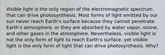 Visible light is the only region of the electromagnetic spectrum that can drive photosynthesis. Most forms of light emitted by our sun never reach Earth's surface because they cannot penetrate Earth's atmosphere, or they are absorbed by water vapor, ozone, and other gases in the atmosphere. Nevertheless, visible light is not the only form of light to reach Earth's surface, yet visible light is the only form of light that can drive photosynthesis. Why?