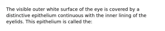 The visible outer white surface of the eye is covered by a distinctive epithelium continuous with the inner lining of the eyelids. This epithelium is called the: