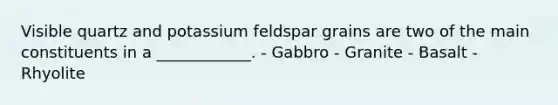 Visible quartz and potassium feldspar grains are two of the main constituents in a ____________. - Gabbro - Granite - Basalt - Rhyolite