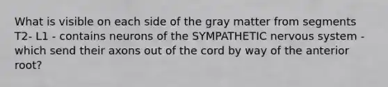 What is visible on each side of the gray matter from segments T2- L1 - contains neurons of the SYMPATHETIC nervous system - which send their axons out of the cord by way of the anterior root?