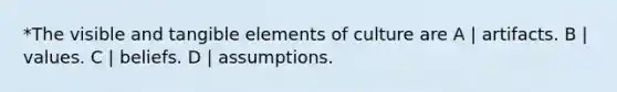 *The visible and tangible elements of culture are A | artifacts. B | values. C | beliefs. D | assumptions.