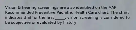 Vision & hearing screenings are also identified on the AAP Recommended Preventive Pediatric Health Care chart. The chart indicates that for the first _____, vision screening is considered to be subjective or evaluated by history