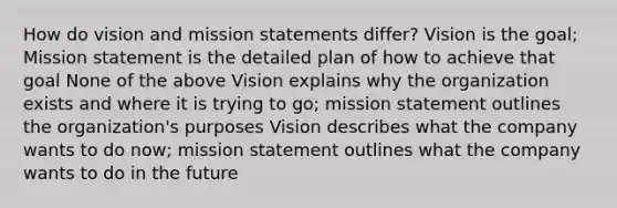 How do vision and mission statements differ? Vision is the goal; Mission statement is the detailed plan of how to achieve that goal None of the above Vision explains why the organization exists and where it is trying to go; mission statement outlines the organization's purposes Vision describes what the company wants to do now; mission statement outlines what the company wants to do in the future