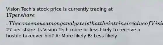 Vision Tech's stock price is currently trading at 17 per share. The consensus among analysts is that the intrinsic value of Vision Tech's stock is27 per share. Is Vision Tech more or less likely to receive a hostile takeover bid? A: More likely B: Less likely