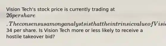 Vision Tech's stock price is currently trading at 26 per share. The consensus among analysts is that the intrinsic value of Vision Tech's stock is34 per share. Is Vision Tech more or less likely to receive a hostile takeover bid?