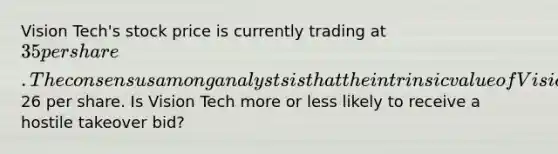 Vision Tech's stock price is currently trading at 35 per share. The consensus among analysts is that the intrinsic value of Vision Tech's stock is26 per share. Is Vision Tech more or less likely to receive a hostile takeover bid?