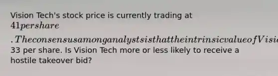 Vision Tech's stock price is currently trading at 41 per share. The consensus among analysts is that the intrinsic value of Vision Tech's stock is33 per share. Is Vision Tech more or less likely to receive a hostile takeover bid?