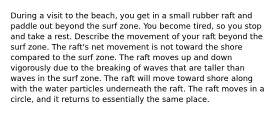 During a visit to the beach, you get in a small rubber raft and paddle out beyond the surf zone. You become tired, so you stop and take a rest. Describe the movement of your raft beyond the surf zone. The raft's net movement is not toward the shore compared to the surf zone. The raft moves up and down vigorously due to the breaking of waves that are taller than waves in the surf zone. The raft will move toward shore along with the water particles underneath the raft. The raft moves in a circle, and it returns to essentially the same place.