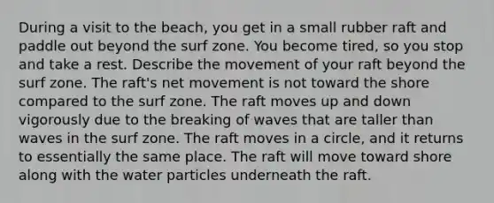 During a visit to the beach, you get in a small rubber raft and paddle out beyond the surf zone. You become tired, so you stop and take a rest. Describe the movement of your raft beyond the surf zone. The raft's net movement is not toward the shore compared to the surf zone. The raft moves up and down vigorously due to the breaking of waves that are taller than waves in the surf zone. The raft moves in a circle, and it returns to essentially the same place. The raft will move toward shore along with the water particles underneath the raft.