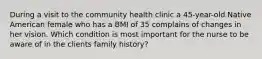 During a visit to the community health clinic a 45-year-old Native American female who has a BMI of 35 complains of changes in her vision. Which condition is most important for the nurse to be aware of in the clients family history?