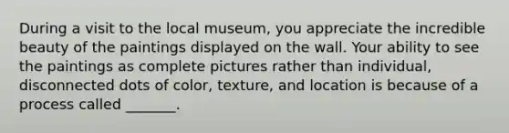 During a visit to the local museum, you appreciate the incredible beauty of the paintings displayed on the wall. Your ability to see the paintings as complete pictures rather than individual, disconnected dots of color, texture, and location is because of a process called _______.