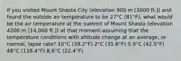 If you visited Mount Shasta City (elevation 900 m [3000 ft.]) and found the outside air temperature to be 27°C (81°F), what would be the air temperature at the summit of Mount Shasta (elevation 4200 m [14,000 ft.]) at that moment-assuming that the temperature conditions with altitude change at an average, or normal, lapse rate? 10°C (39.2°F) 2°C (35.6°F) 5.9°C (42.5°F) 48°C (118.4°F) 8.6°C (22.4°F)