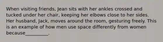 When visiting friends, Jean sits with her ankles crossed and tucked under her chair, keeping her elbows close to her sides. Her husband, Jack, moves around the room, gesturing freely. This is an example of how men use space differently from women because__________.