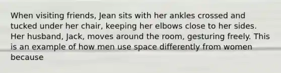 When visiting friends, Jean sits with her ankles crossed and tucked under her chair, keeping her elbows close to her sides. Her husband, Jack, moves around the room, gesturing freely. This is an example of how men use space differently from women because